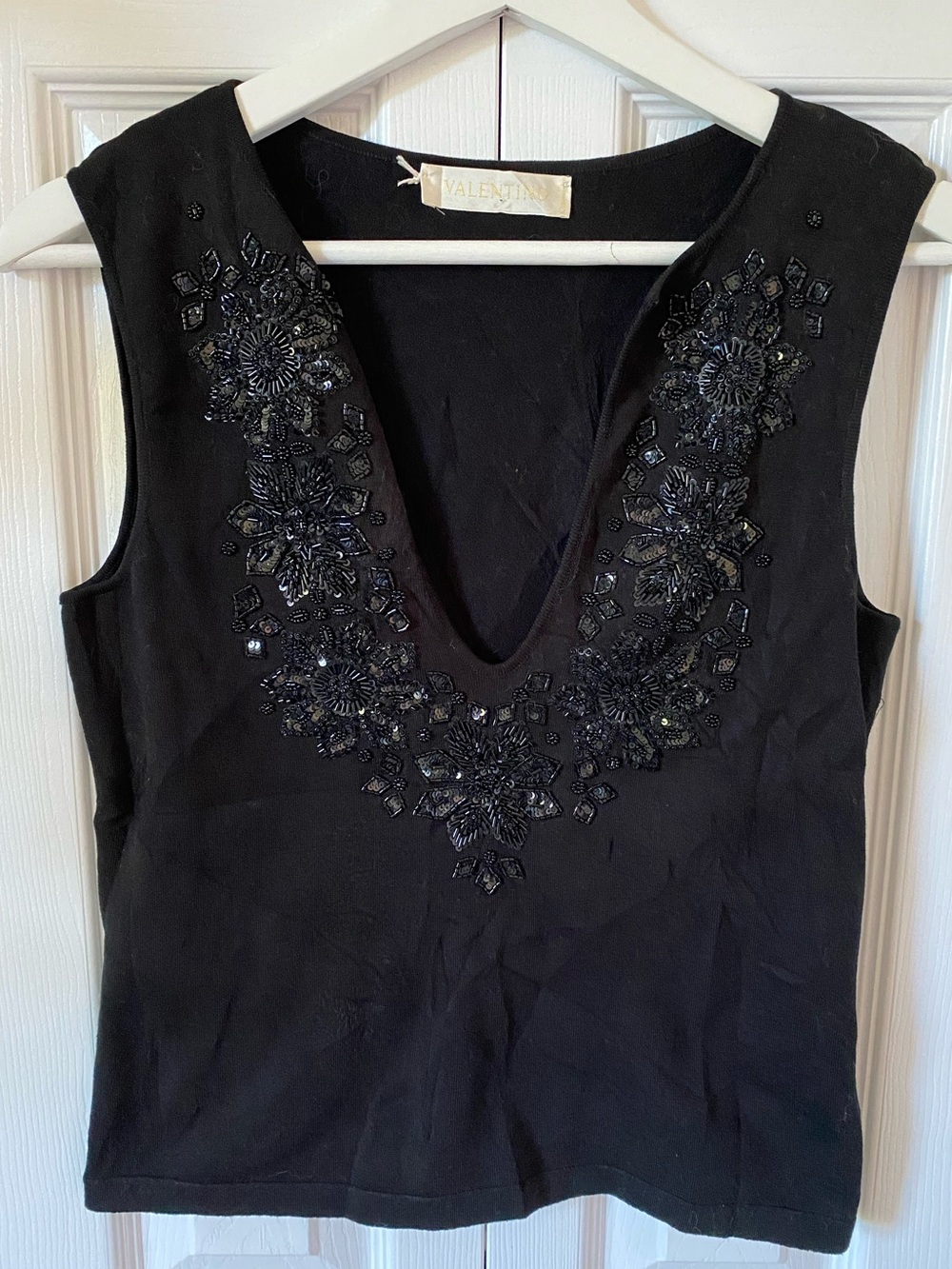 Valentino Vintage Hand Beaded V-Neck Knit Sleeveless Shell cotton blend